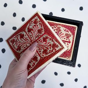 Asian Design Coaster Set of 6 with Lacquer Wooden Storage Box VTG